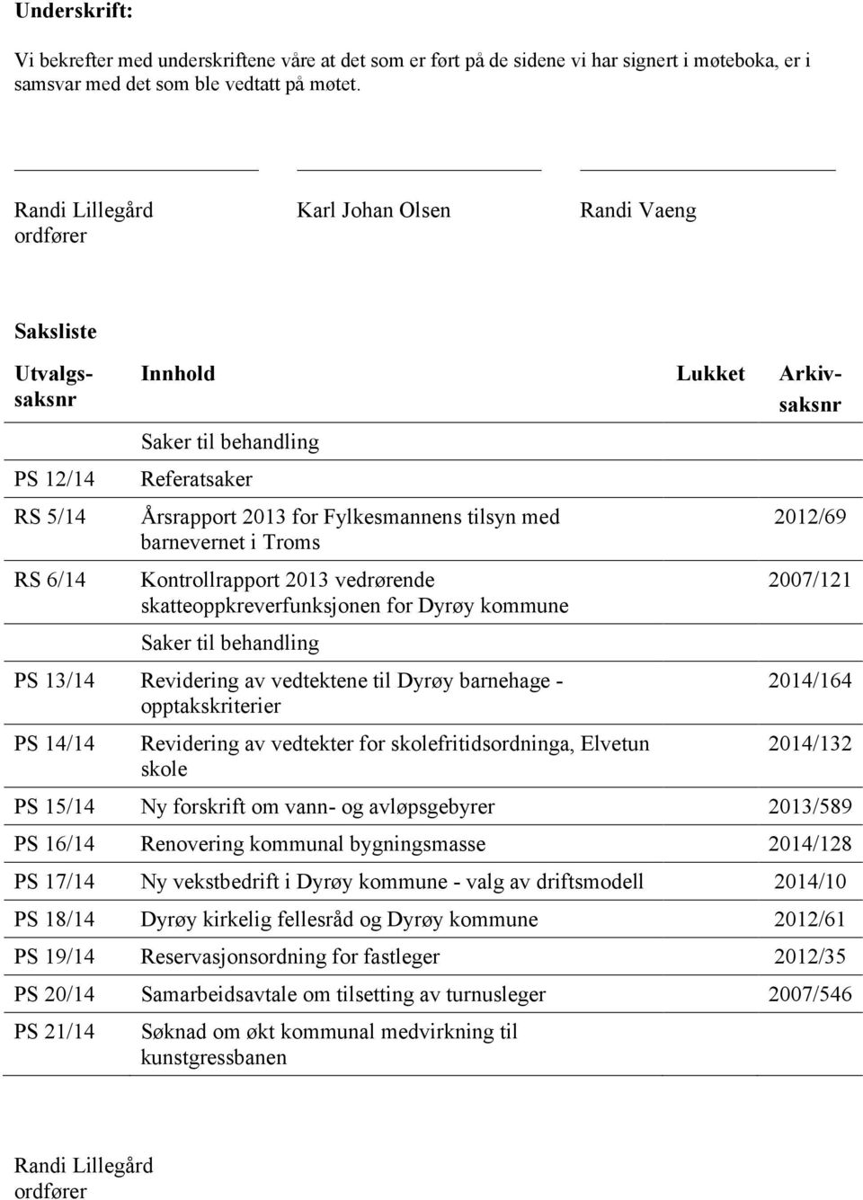 tilsyn med barnevernet i Troms Kontrollrapport 2013 vedrørende skatteoppkreverfunksjonen for Dyrøy kommune Saker til behandling PS 13/14 Revidering av vedtektene til Dyrøy barnehage -