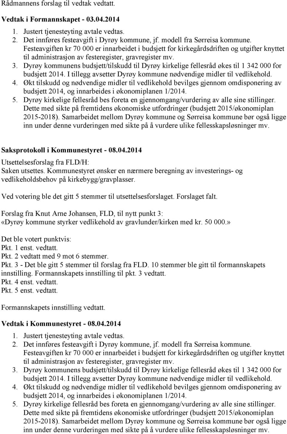 Dyrøy kommunens budsjett/tilskudd til Dyrøy kirkelige fellesråd økes til 1 342 000 for budsjett 2014. I tillegg avsetter Dyrøy kommune nødvendige midler til vedlikehold. 4.