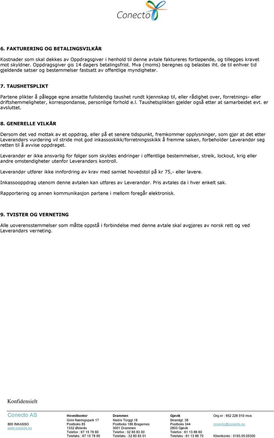 TAUSHETSPLIKT Partene plikter å pålegge egne ansatte fullstendig taushet rundt kjennskap til, eller rådighet over, forretnings- eller driftshemmeligheter, korrespondanse, personlige forhold e.l. Taushetsplikten gjelder også etter at samarbeidet evt.