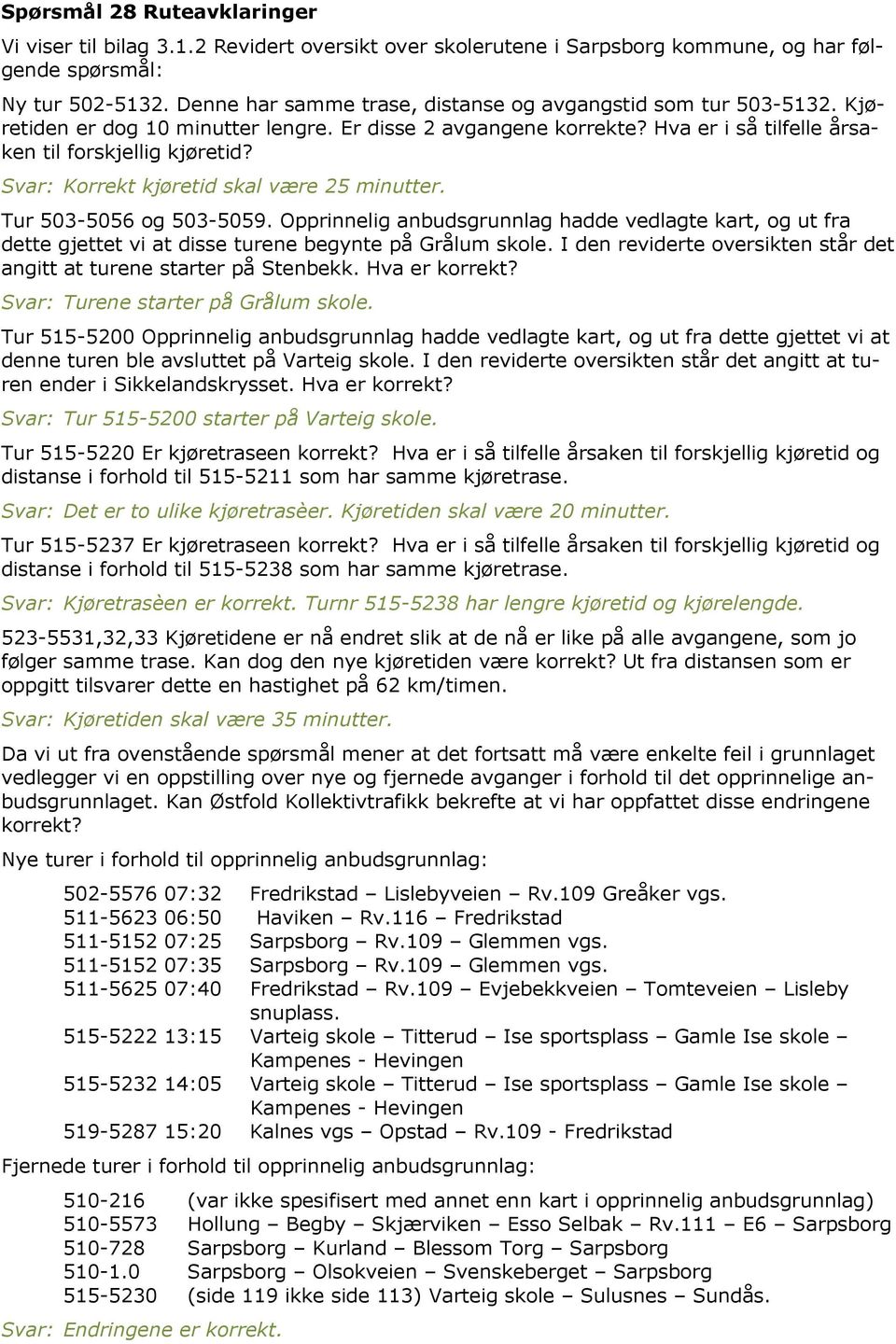 Svar: Korrekt kjøretid skal være 25 minutter. Tur 503-5056 og 503-5059. Opprinnelig anbudsgrunnlag hadde vedlagte kart, og ut fra dette gjettet vi at disse turene begynte på Grålum skole.