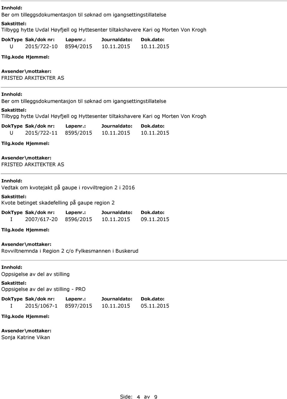 2015/722-11 8595/2015 FRSTED ARKTEKTER AS Vedtak om kvotejakt på gaupe i rovviltregion 2 i 2016 Kvote betinget skadefelling på gaupe region 2 2007/617-20 8596/2015