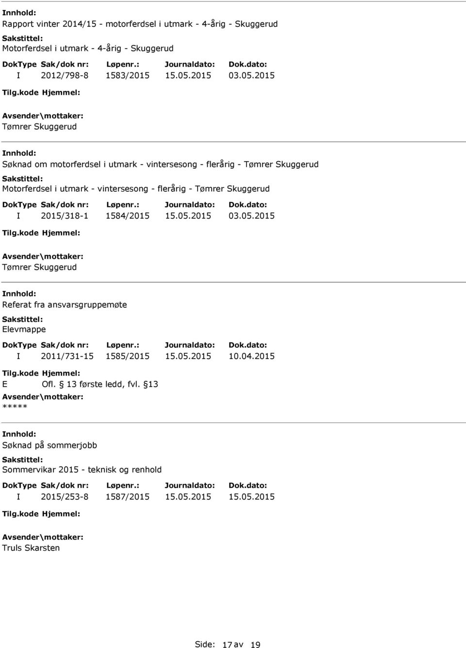 - Tømrer Skuggerud 2015/318-1 1584/2015 03.05.2015 Tømrer Skuggerud nnhold: Referat fra ansvarsgruppemøte Elevmappe 2011/731-15 1585/2015 10.04.2015 Tilg.