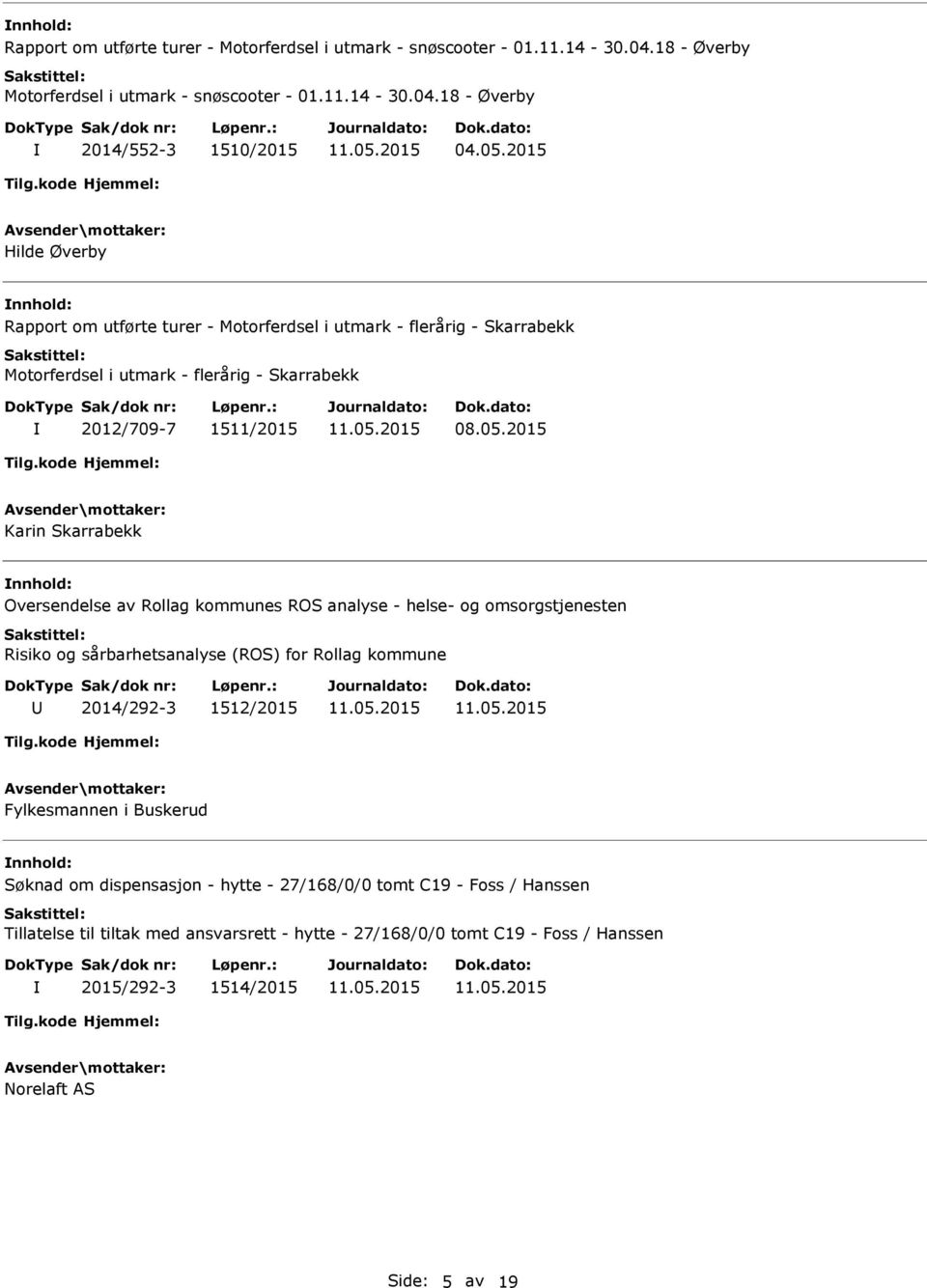 2015 Karin Skarrabekk nnhold: Oversendelse av Rollag kommunes ROS analyse - helse- og omsorgstjenesten Risiko og sårbarhetsanalyse (ROS) for Rollag kommune 2014/292-3 1512/2015 Fylkesmannen i