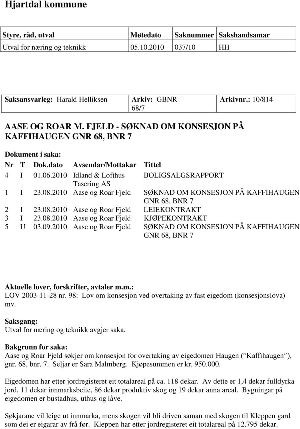 2010 Aase og Roar Fjeld SØKNAD OM KONSESJON PÅ KAFFIHAUGEN GNR 68, BNR 7 2 I 23.08.2010 Aase og Roar Fjeld LEIEKONTRAKT 3 I 23.08.2010 Aase og Roar Fjeld KJØPEKONTRAKT 5 U 03.09.