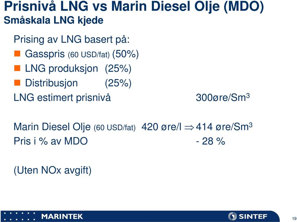 Distribusjon (25%) LNG estimert prisnivå 300øre/Sm 3 Marin Diesel Olje