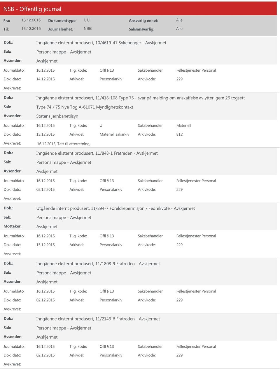 Statens jernbanetilsyn Materiell Dok. dato: 15.12.2015 Arkivdel: Materiell sakarkiv Arkivkode: 812, Tatt til etterretning, Inngående eksternt produsert, 11/848-1 Fratreden - Personalmappe - Dok.