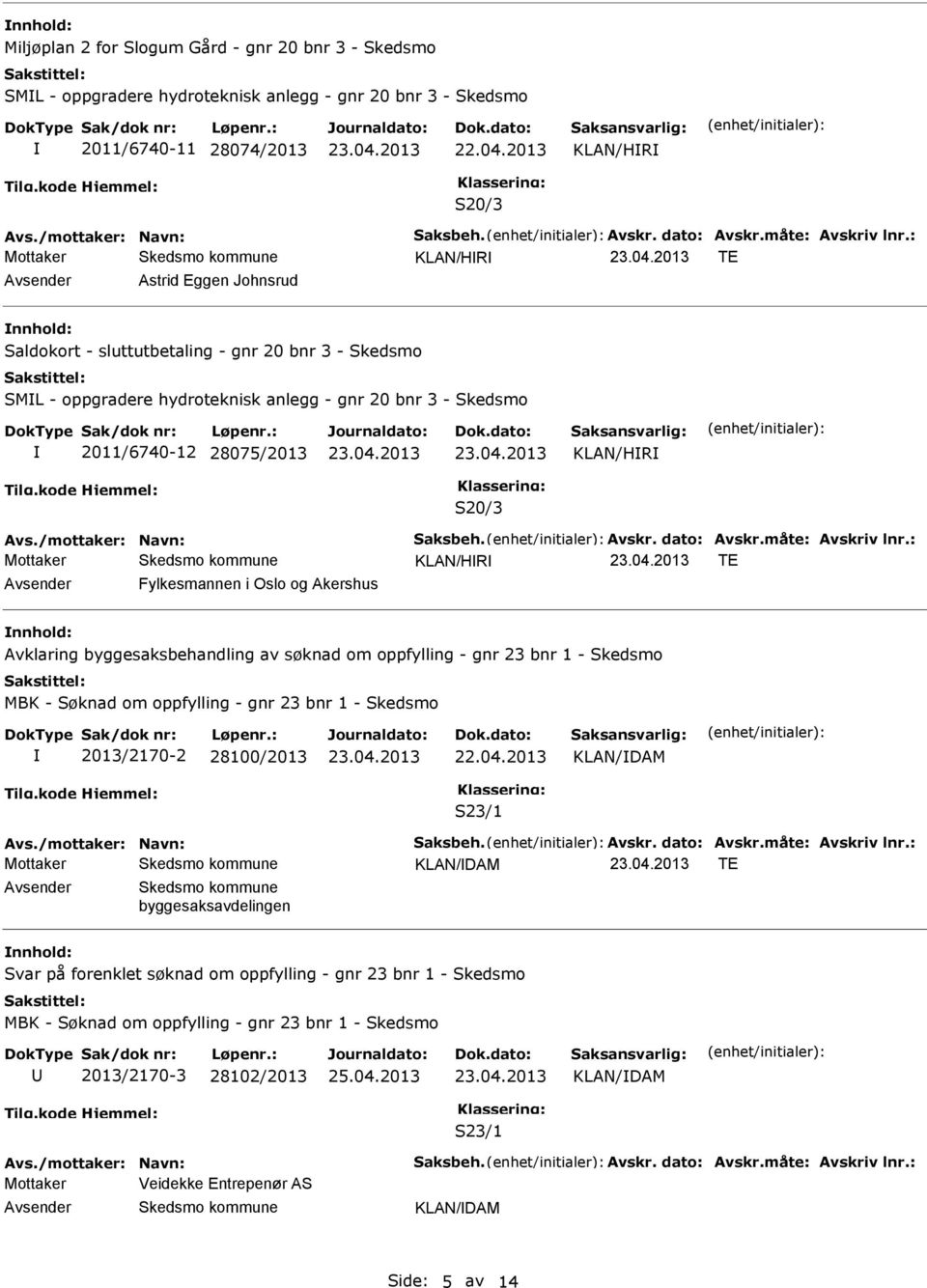 : KLAN/HR TE Astrid Eggen Johnsrud Saldokort - sluttutbetaling - gnr 20 bnr 3 - Skedsmo SML - oppgradere hydroteknisk anlegg - gnr 20 bnr 3 - Skedsmo 2011/6740-12 28075/2013 KLAN/HR S20/3 Avs.