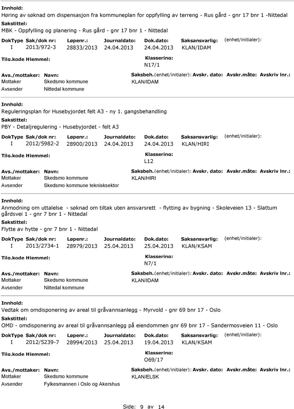 gangsbehandling PBY - Detaljregulering - Husebyjordet - felt A3 2012/5982-2 28900/2013 KLAN/HR L12 Avs./mottaker: Navn: Saksbeh. Avskr. dato: Avskr.måte: Avskriv lnr.