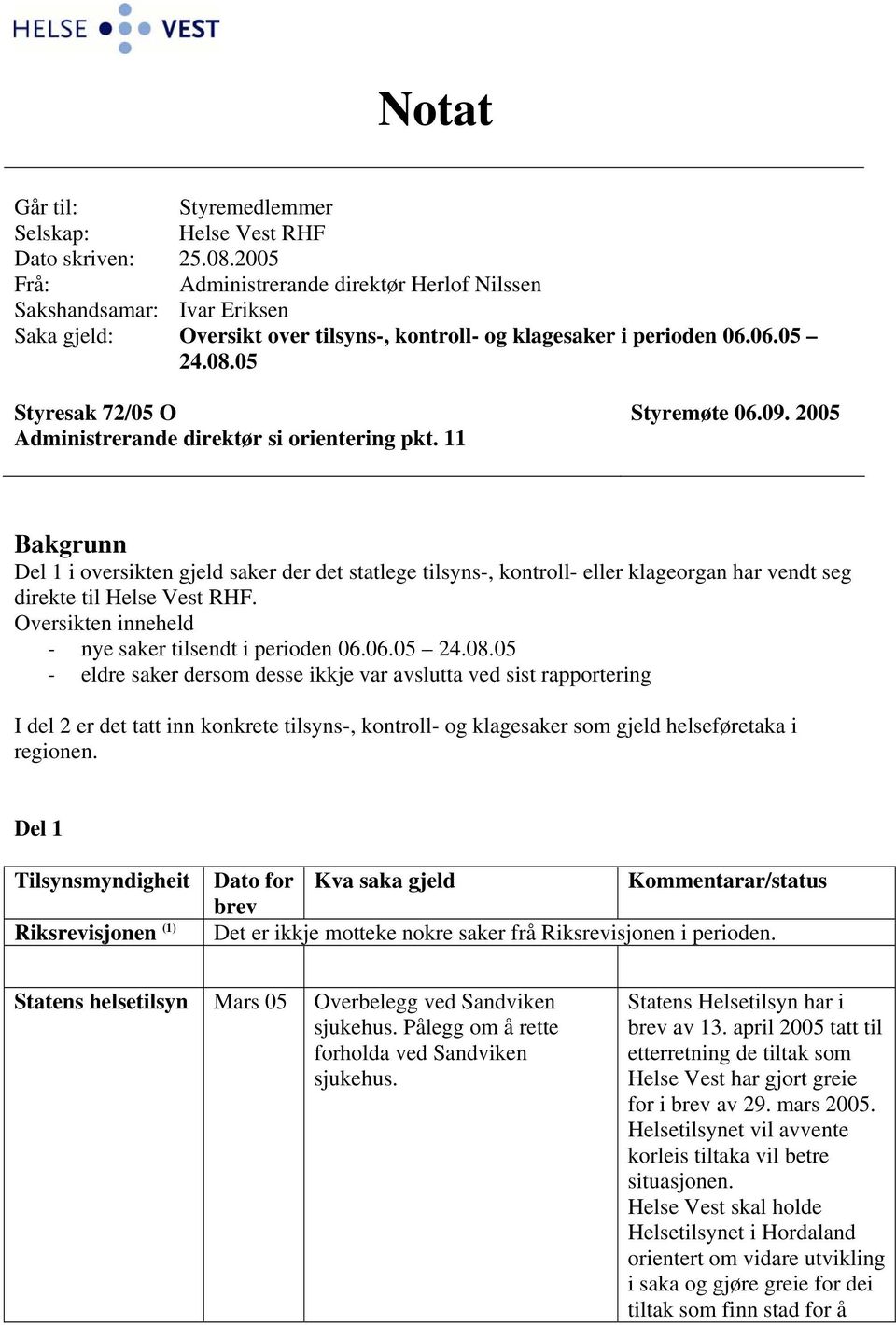 05 Styresak 72/05 O Administrerande direktør si orientering pkt. 11 Styremøte 06.09.