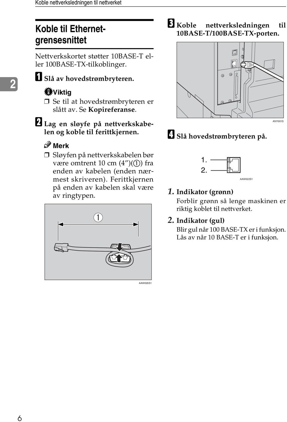 Sløyfen på nettverkskabelen bør være omtrent 10 cm (4 )(A) fra enden av kabelen (enden nærmest skriveren). Ferittkjernen på enden av kabelen skal være av ringtypen.