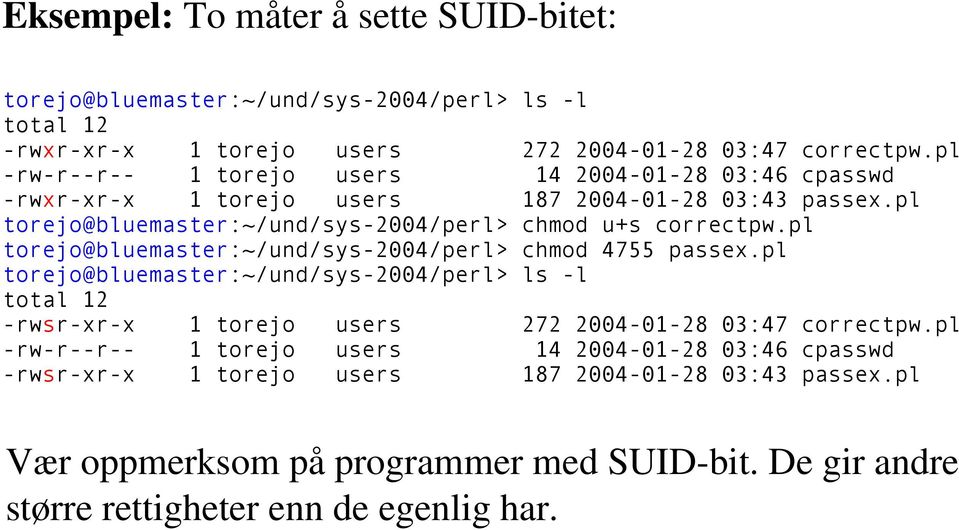 pl torejo@bluemaster:~/und/sys-2004/perl> chmod 4755 passex.pl torejo@bluemaster:~/und/sys-2004/perl> ls -l total 12 -rwsr-xr-x 1 torejo users 272 2004-01-28 03:47 correctpw.