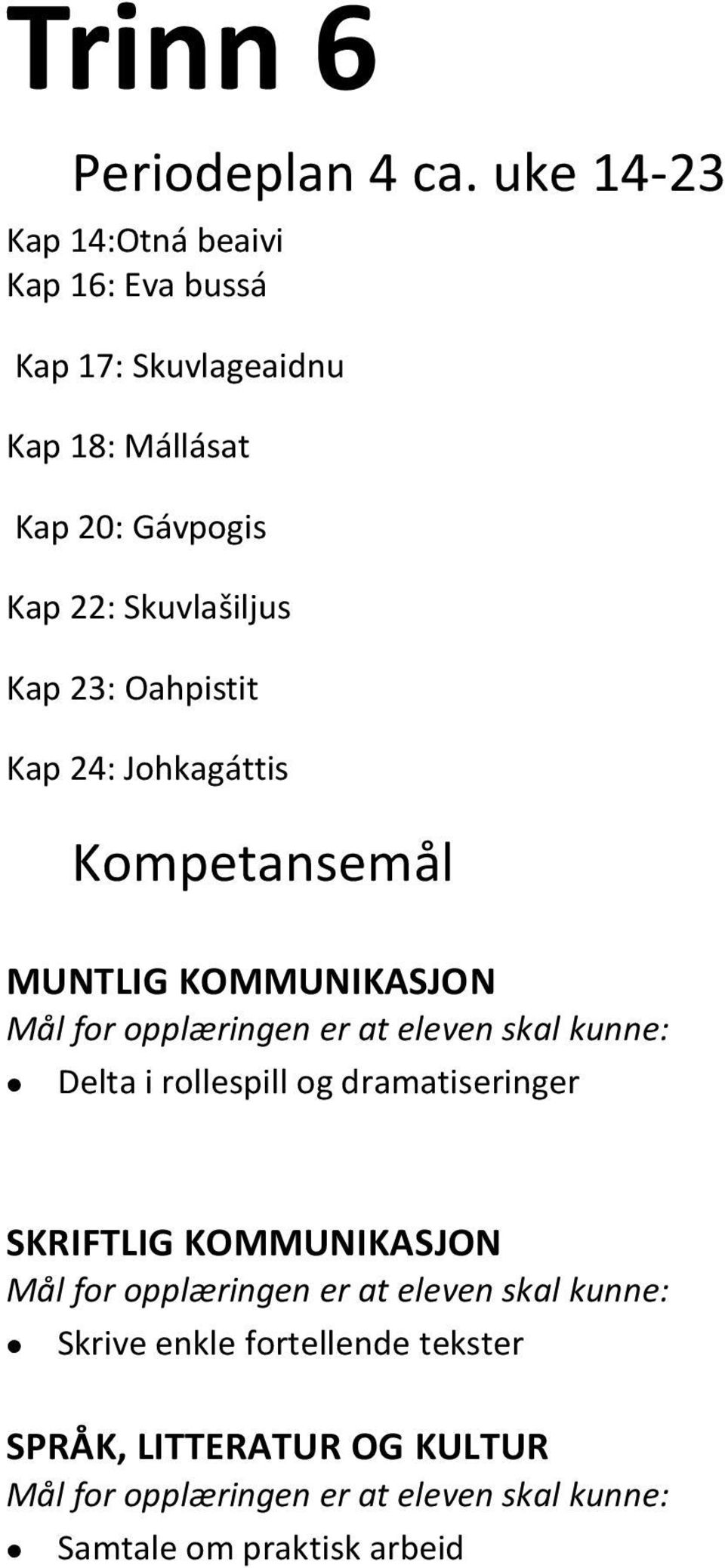 Gávpogis Kap 22: Skuvlašiljus Kap 23: Oahpistit Kap 24: Johkagáttis Kompetansemål MUNTLIG