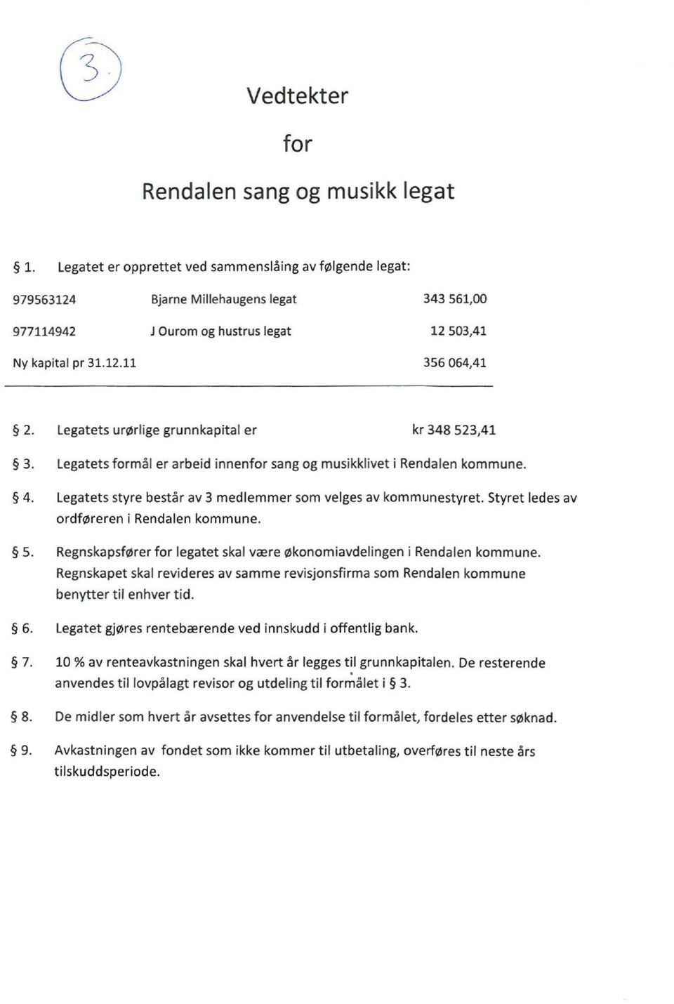 Legatets styre består av 3 medlemmer som velges av kommunestyret. Styret ledes av ordføreren i Rendalen kommune. Regnskapsfører for legatet skal være økonomiavdelingen i Rendalen kommune.