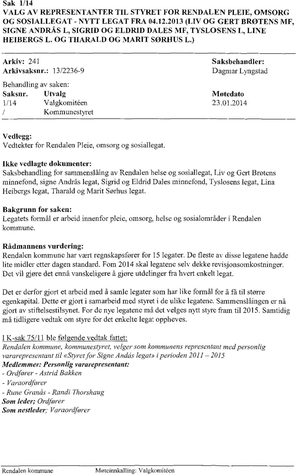 : 13/2236-9 Dagmar Lyngstad Behandling av saken: Saksnr. Utvalg Møtedato 1/14 ValgkomiMen 23.01.2014 Kommunestyret Vedlegg: Vedtekter for Rendalen Pleie, omsorg og sosiallegat.