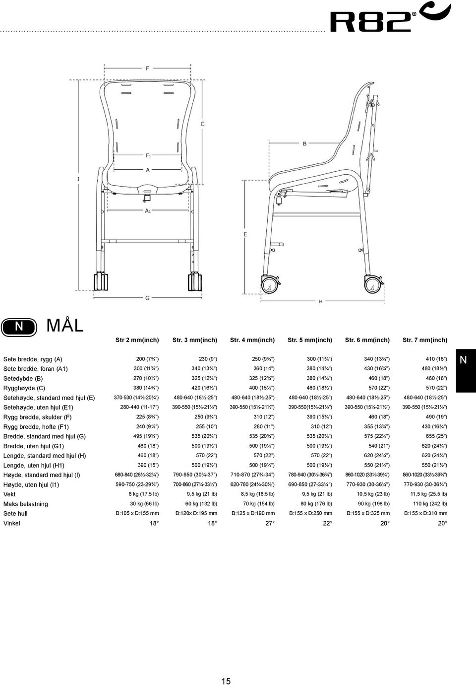 (10½") 325 (12¾") 325 (12¾") 380 (14¾") 460 (18") 460 (18") Rygghøyde (C) 380 (14¾") 420 (16½") 400 (15½") 480 (18½") 570 (22") 570 (22") Setehøyde, standard med hjul (E) 370-530 (14½-20¾") 480-640