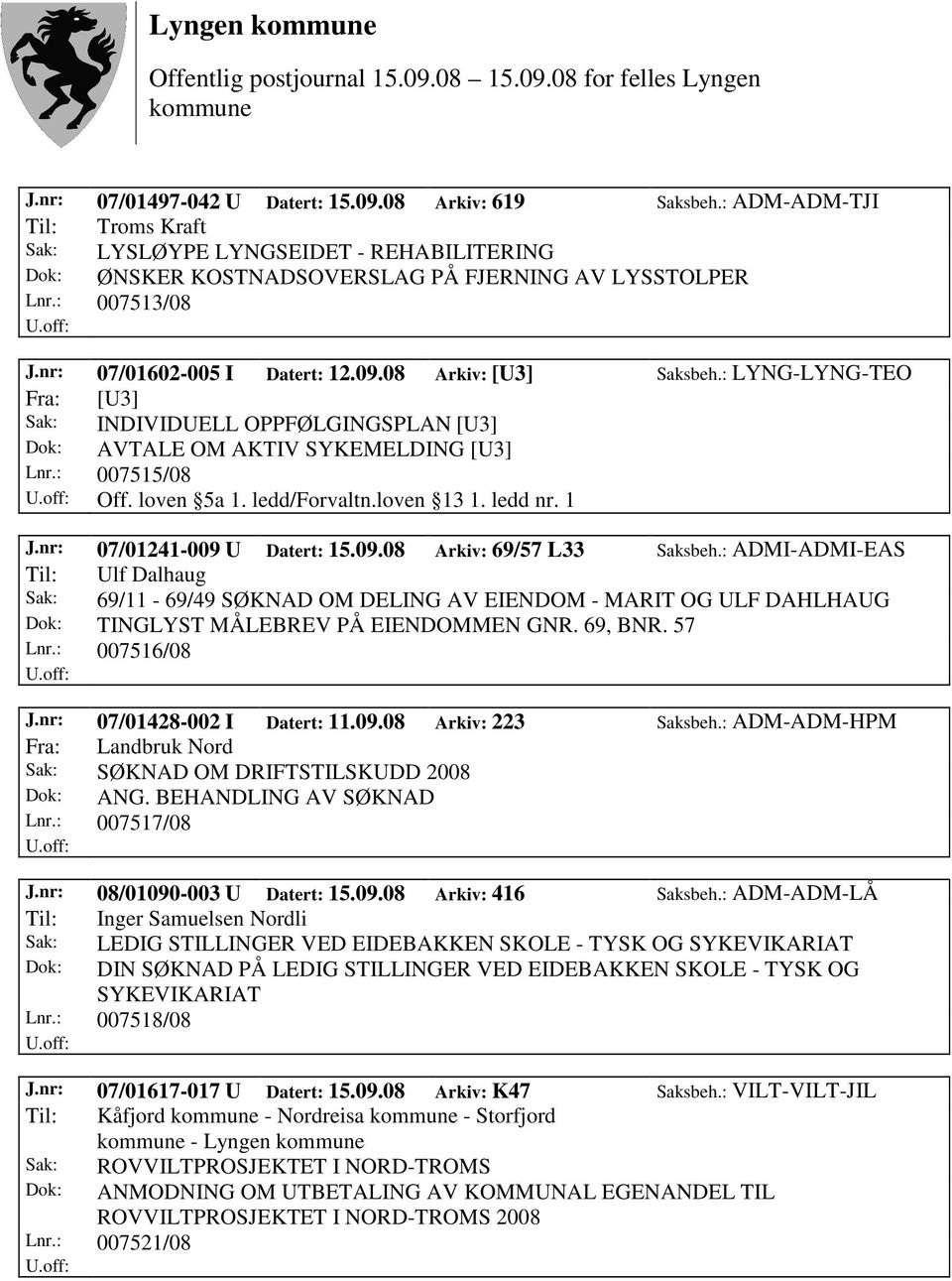 loven 5a 1. ledd/forvaltn.loven 13 1. ledd nr. 1 J.nr: 07/01241-009 U Datert: 15.09.08 Arkiv: 69/57 L33 Saksbeh.