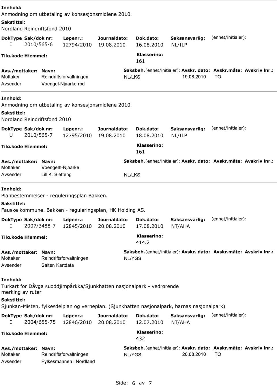 måte: Avskriv lnr.: Mottaker Voengelh-Njaarke Lill K. Sletteng NL/LKS Planbestemmelser - reguleringsplan Bakken. Fauske kommune. Bakken - reguleringsplan, HK Holding AS. 2007/3488-7 12845/2010 20.08.