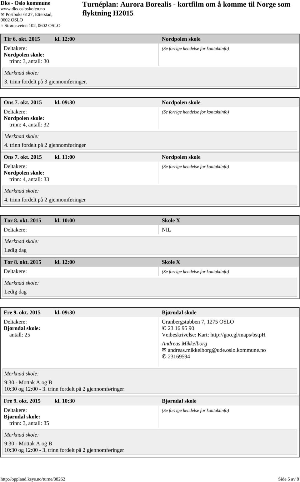 okt. 2015 kl. 09:30 Bjørndal skole Bjørndal skole: antall: 25 Granbergstubben 7, 1275 OSLO 23 16 95 90 Veibeskrivelse: Kart: http://goo.gl/maps/bstph Andreas Mikkelborg andreas.mikkelborg@ude.oslo.