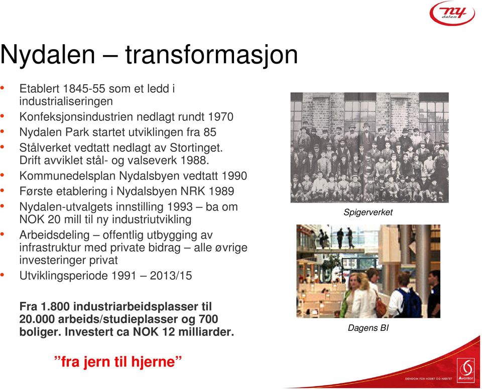 Kommunedelsplan Nydalsbyen vedtatt 1990 Første etablering i Nydalsbyen NRK 1989 Nydalen-utvalgets innstilling 1993 ba om NOK 20 mill til ny industriutvikling Arbeidsdeling
