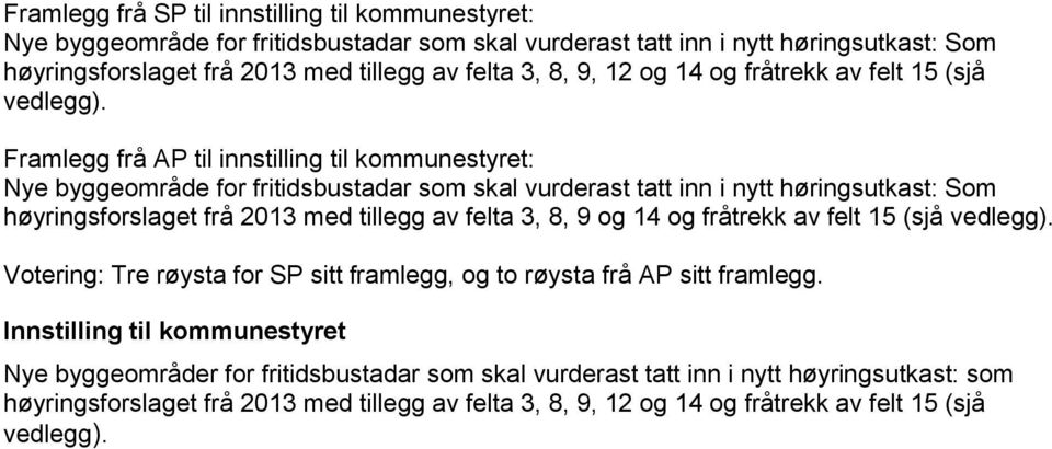 Framlegg frå AP til innstilling til kommunestyret: Nye byggeområde for fritidsbustadar som skal vurderast tatt inn i nytt høringsutkast: Som høyringsforslaget frå 2013 med tillegg av felta 3, 8, 9