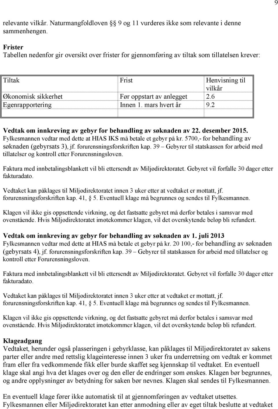 6 Egenrapportering Innen 1. mars hvert år 9.2 Vedtak om innkreving av gebyr for behandling av søknaden av 22. desember 2015. Fylkesmannen vedtar med dette at HIAS IKS må betale et gebyr på kr.