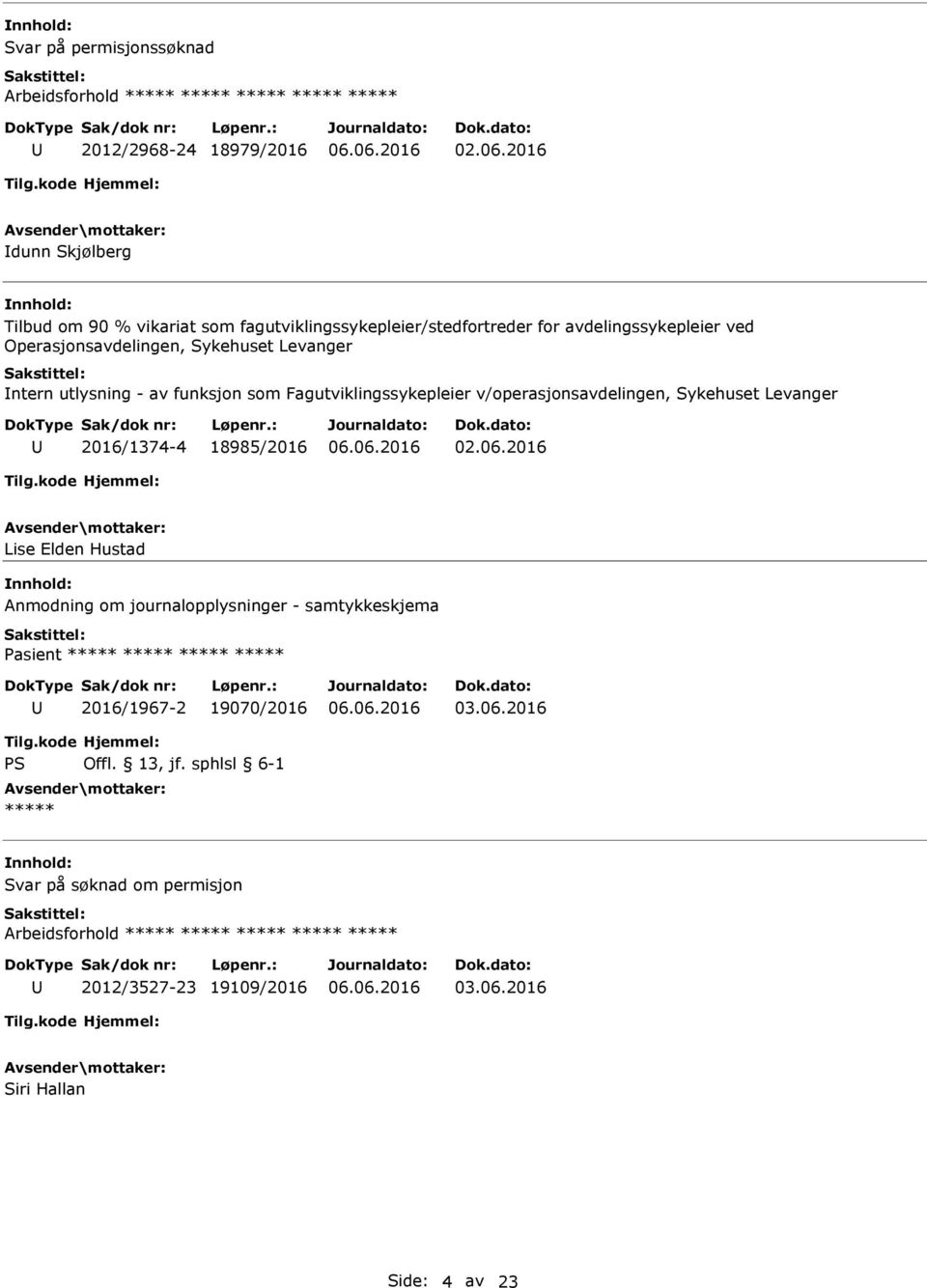 v/operasjonsavdelingen, Sykehuset Levanger 2016/1374-4 18985/2016 Lise Elden Hustad Anmodning om journalopplysninger -