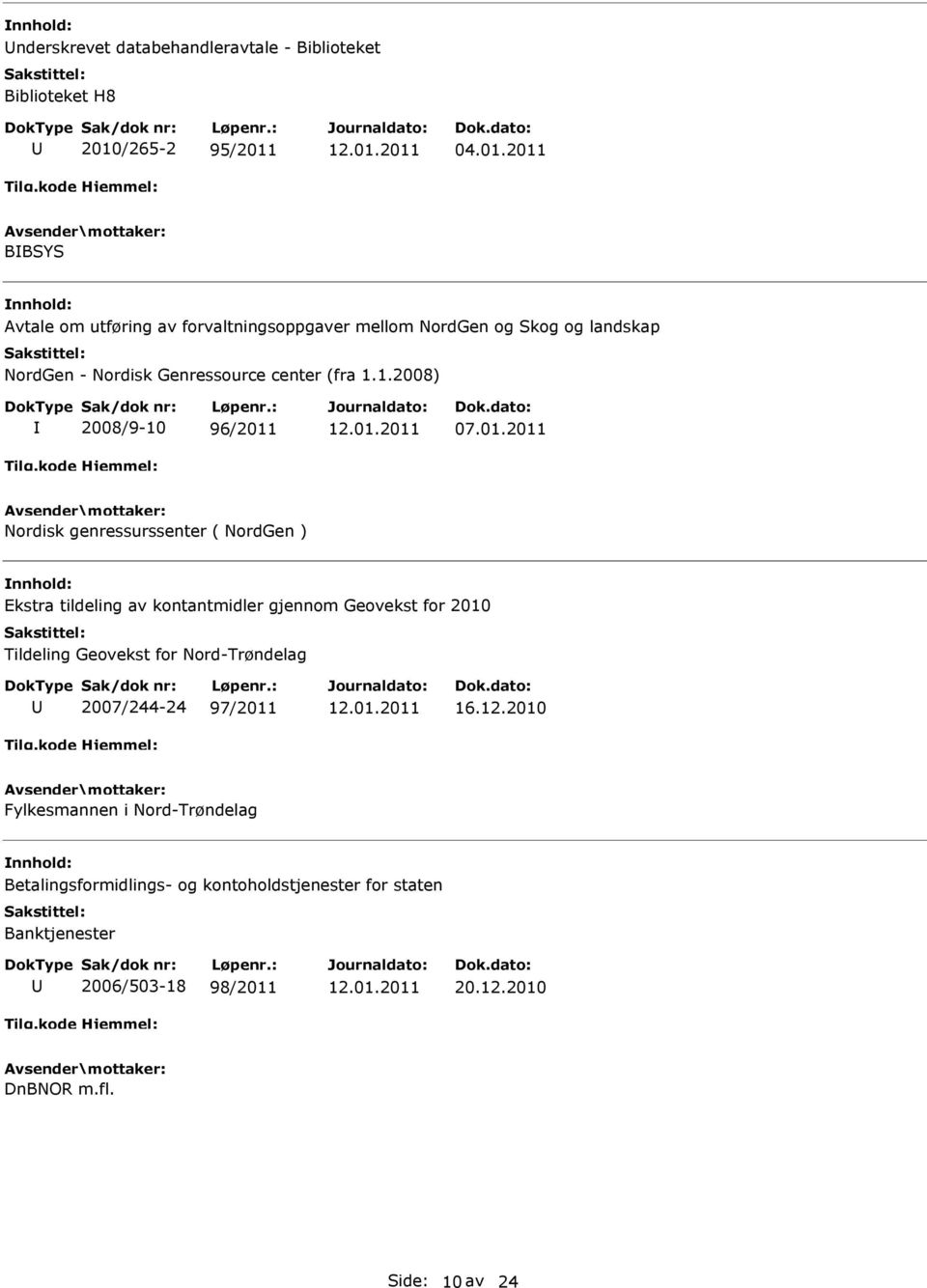 04.01.2011 BBSYS Avtale om utføring av forvaltningsoppgaver mellom NordGen og Skog og landskap NordGen - Nordisk Genressource center (fra 1.1.2008) 2008/9-10 96/2011 07.