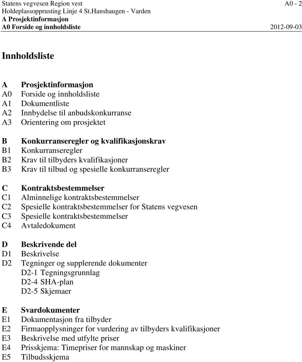 innholdsliste Dokumentliste Innbydelse til anbudskonkurranse Orientering om prosjektet Konkurranseregler og kvalifikasjonskrav Konkurranseregler Krav til tilbyders kvalifikasjoner Krav til tilbud og