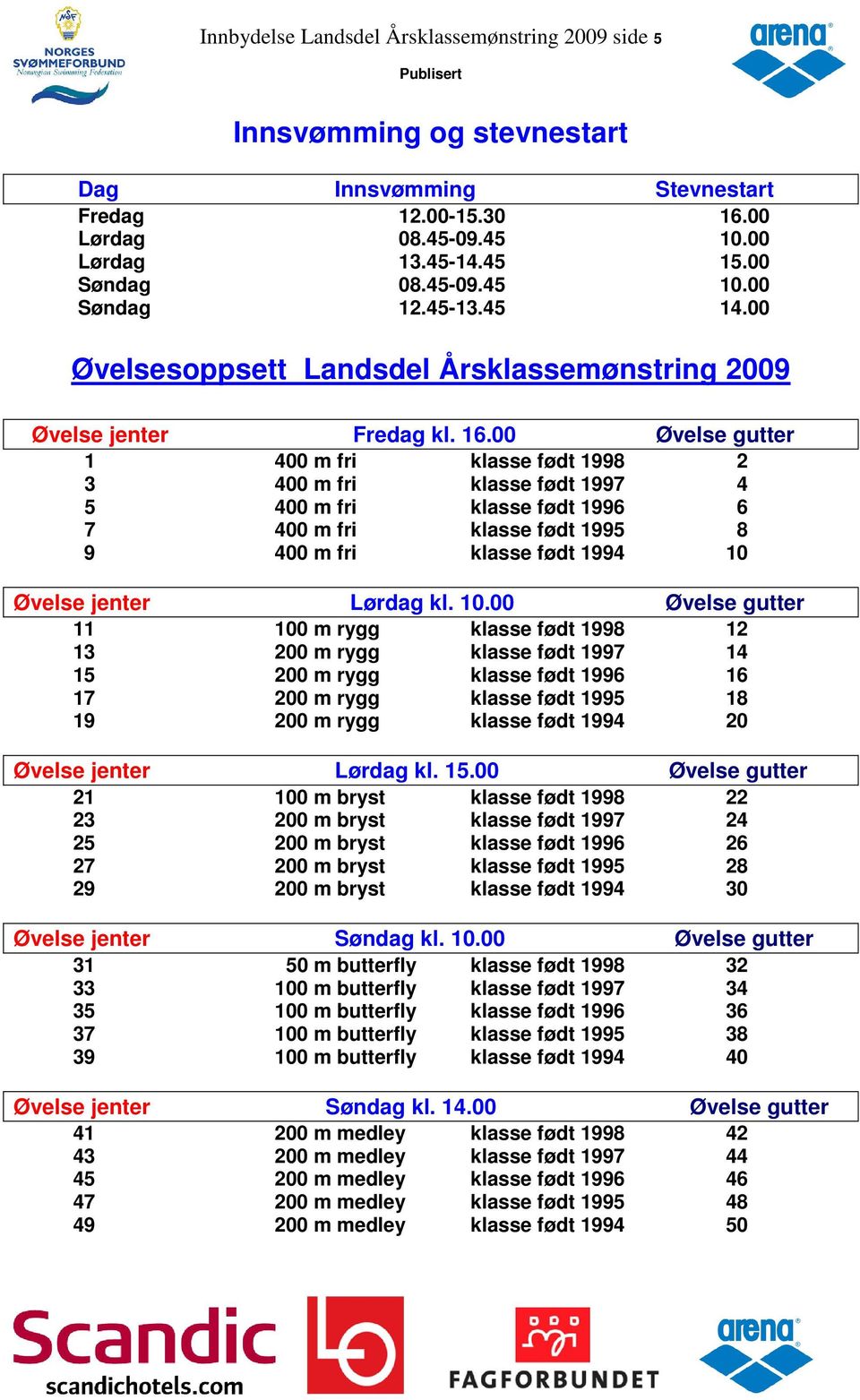 00 Øvelse gutter 1 400 m fri klasse født 1998 2 3 400 m fri klasse født 1997 4 5 400 m fri klasse født 1996 6 7 400 m fri klasse født 1995 8 9 400 m fri klasse født 1994 10 Øvelse jenter Lørdag kl.