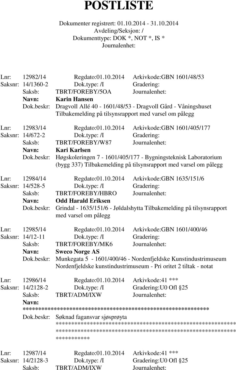2014 Arkivkode:GBN 1601/405/177 Saksnr: 14/672-2 Dok.type: /I Gradering: Saksb: TBRT/FOREBY/W87 Kari Karlsen Dok.