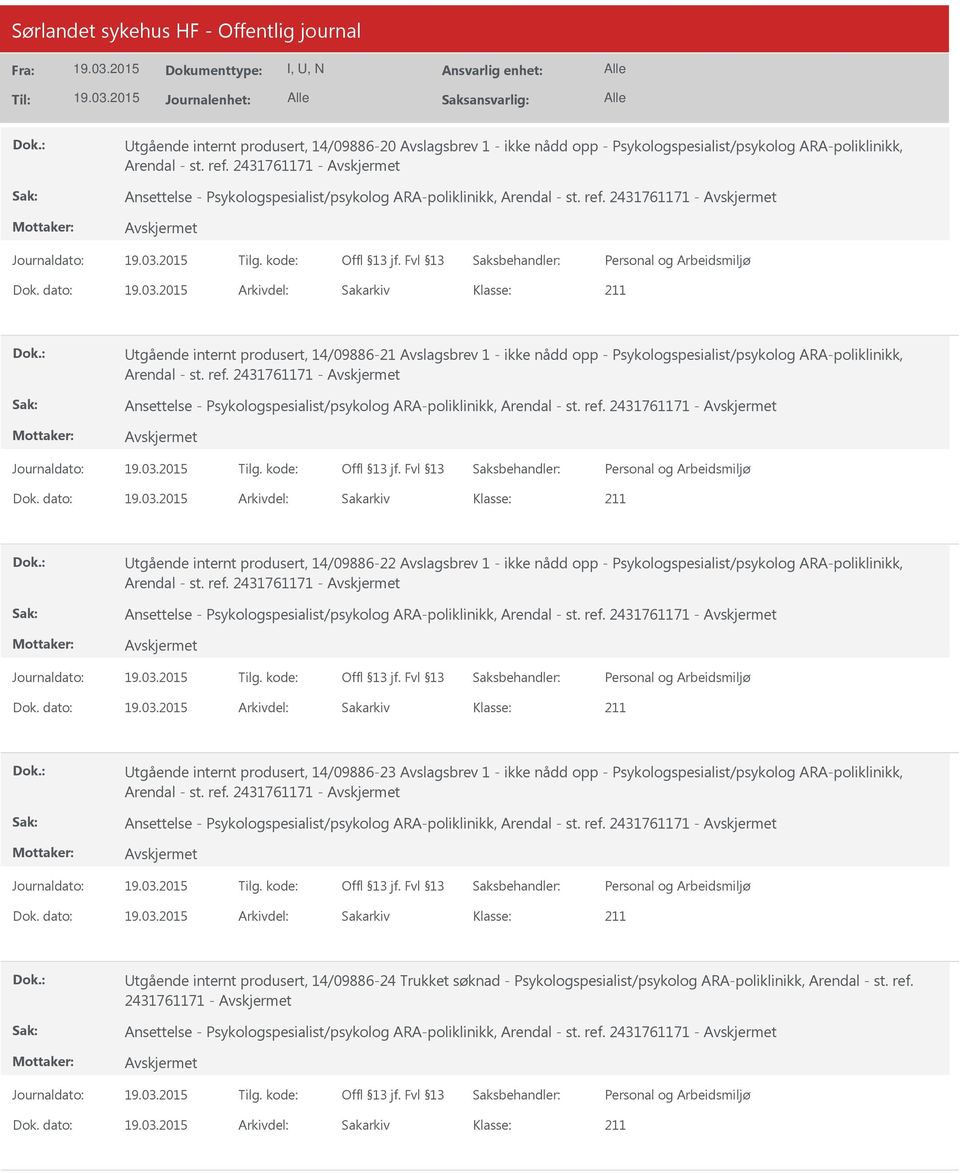 dato: Arkivdel: Sakarkiv tgående internt produsert, 14/09886-21 Avslagsbrev 1 - ikke nådd opp - Psykologspesialist/psykolog ARA-poliklinikk, Arendal - st. ref.