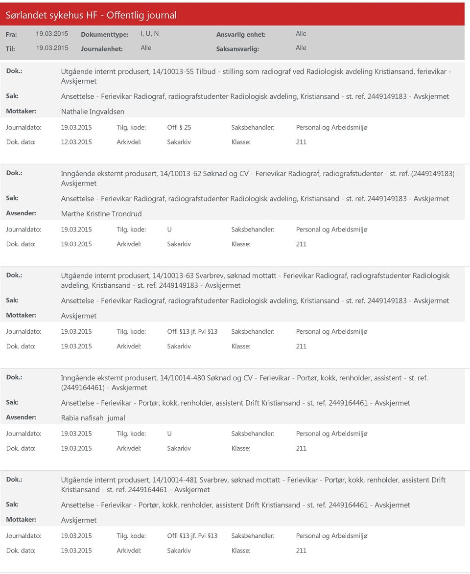 2015 Arkivdel: Sakarkiv Inngående eksternt produsert, 14/10013-62 Søknad og CV - Ferievikar Radiograf, radiografstudenter - st. ref.