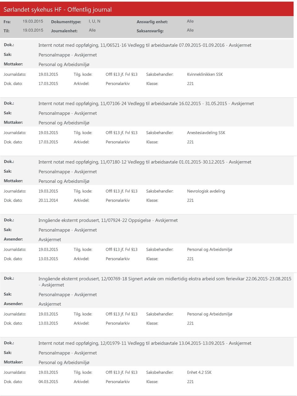 2015 Arkivdel: Personalarkiv Internt notat med oppfølging, 11/07180-12 Vedlegg til arbeidsavtale 01.01.2015-30.12.2015 - Personalmappe - Nevrologisk avdeling Dok. dato: 20.11.2014 Arkivdel: Personalarkiv Inngående eksternt produsert, 11/07924-22 Oppsigelse - Personalmappe - Dok.