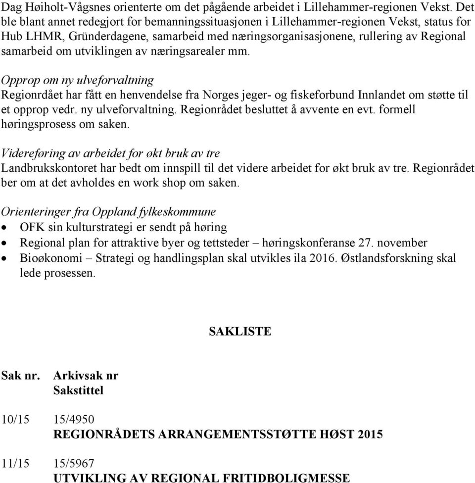 utviklingen av næringsarealer mm. Opprop om ny ulveforvaltning Regionrdået har fått en henvendelse fra Norges jeger- og fiskeforbund Innlandet om støtte til et opprop vedr. ny ulveforvaltning. Regionrådet besluttet å avvente en evt.