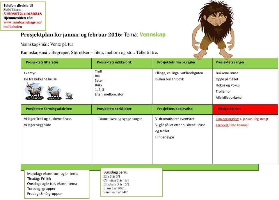 Prosjektets litteratur: Prosjektets nøkkelord: Prosjektets rim og regler: Prosjektets sanger: Eventyr: De tre bukkene bruse Troll Bru Seter Bukk 1, 2, 3 Liten, mellom, stor Ellinga, vellinga, vat