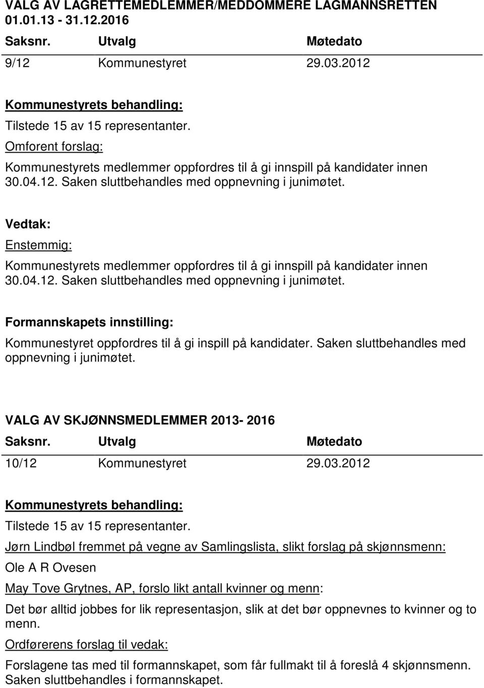 Saken sluttbehandles med oppnevning i junimøtet. VALG AV SKJØNNSMEDLEMMER 2013-2016 10/12 Kommunestyret 29.03.
