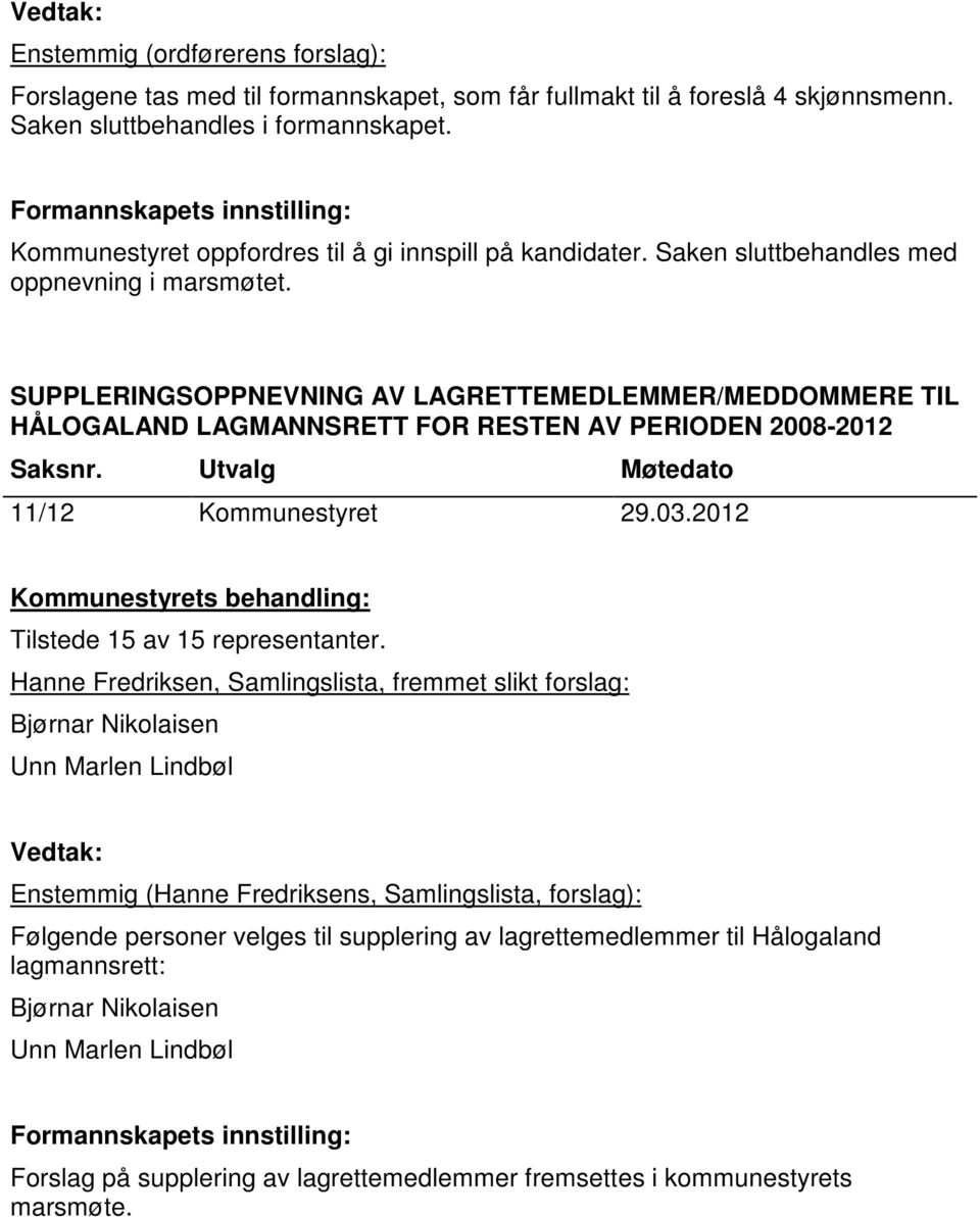SUPPLERINGSOPPNEVNING AV LAGRETTEMEDLEMMER/MEDDOMMERE TIL HÅLOGALAND LAGMANNSRETT FOR RESTEN AV PERIODEN 2008-2012 11/12 Kommunestyret 29.03.