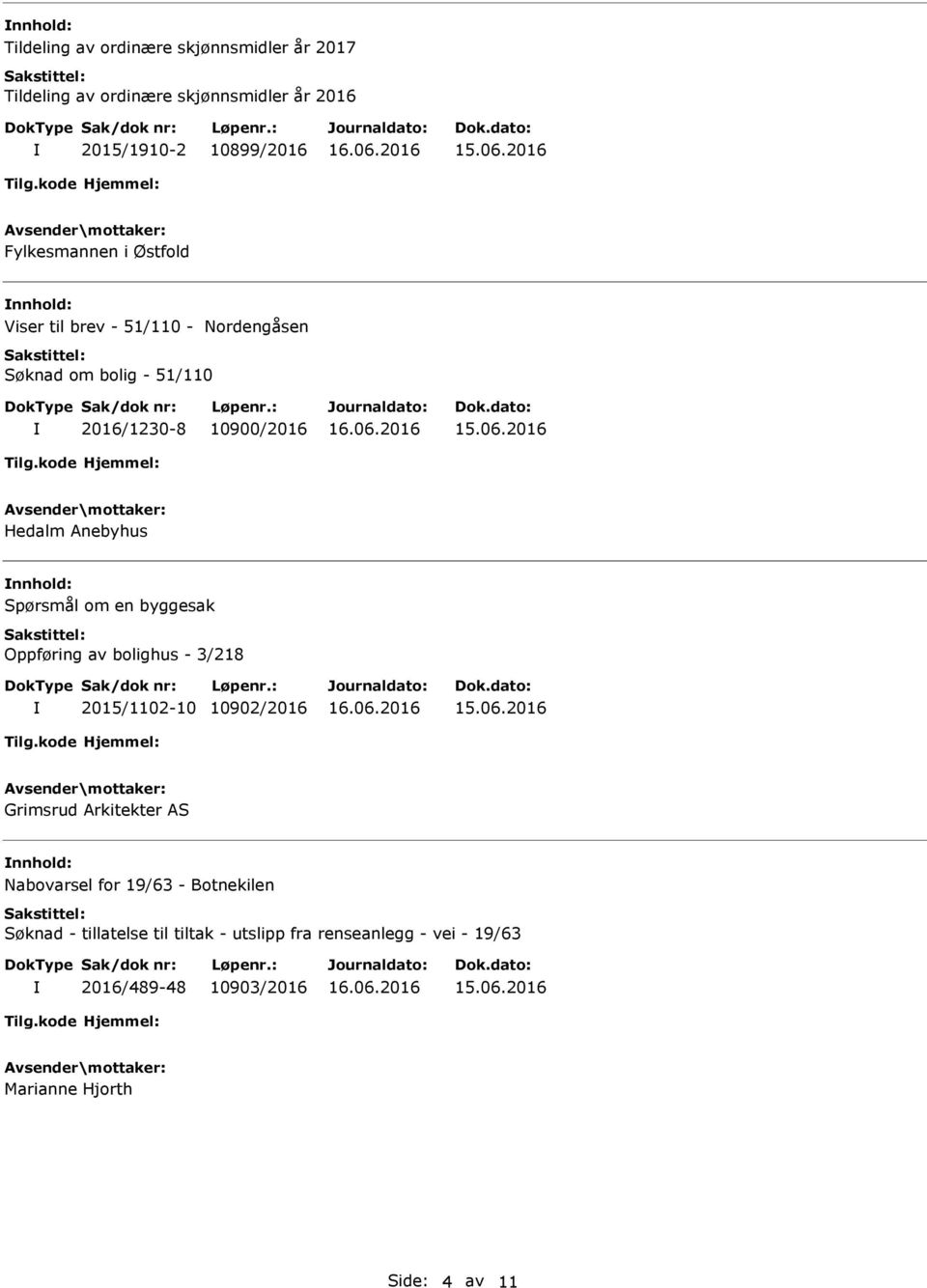 en byggesak Oppføring av bolighus - 3/218 2015/1102-10 10902/2016 Grimsrud Arkitekter AS Nabovarsel for 19/63 - Botnekilen