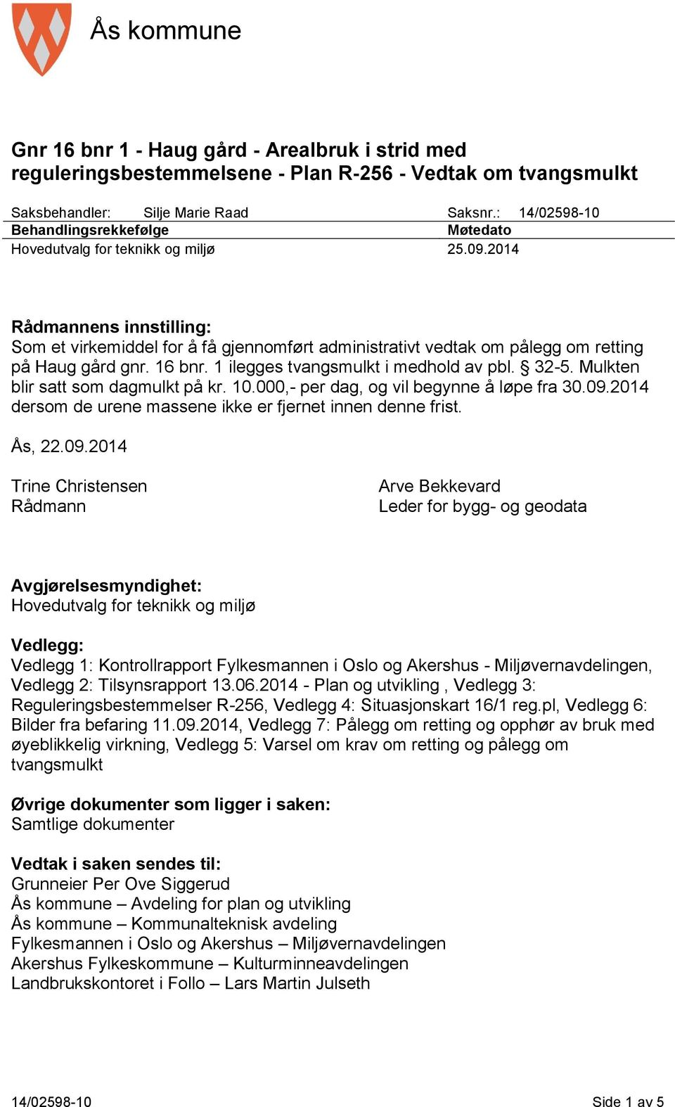 2014 Rådmannens innstilling: Som et virkemiddel for å få gjennomført administrativt vedtak om pålegg om retting på Haug gård gnr. 16 bnr. 1 ilegges tvangsmulkt i medhold av pbl. 32-5.