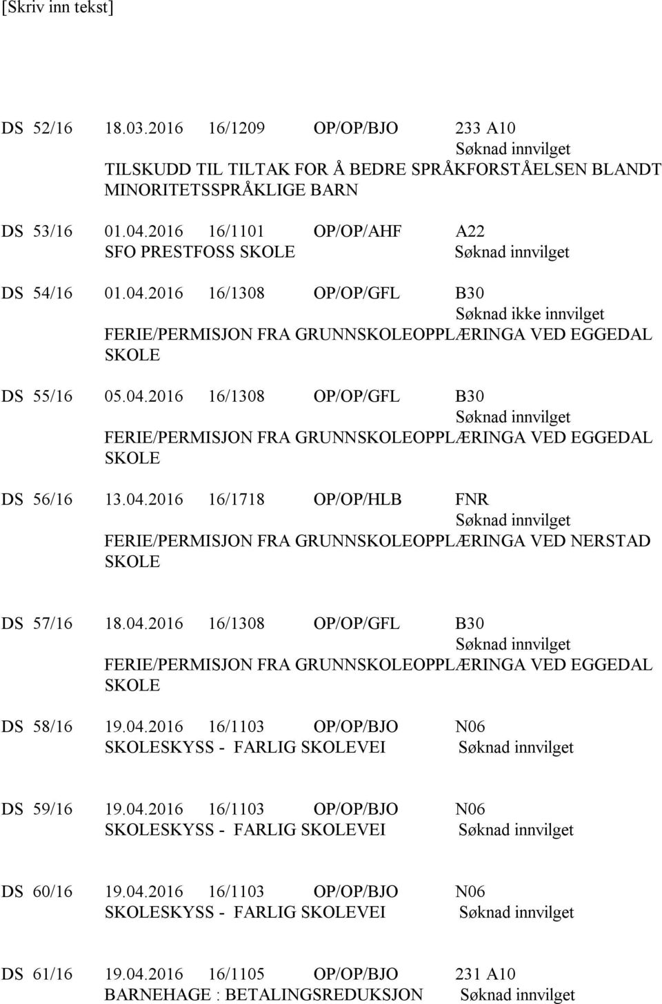 04.2016 16/1103 OP/OP/BJO N06 SKYSS - FARLIG VEI DS 59/16 19.04.2016 16/1103 OP/OP/BJO N06 SKYSS - FARLIG VEI DS 60/16 19.04.2016 16/1103 OP/OP/BJO N06 SKYSS - FARLIG VEI DS 61/16 19.