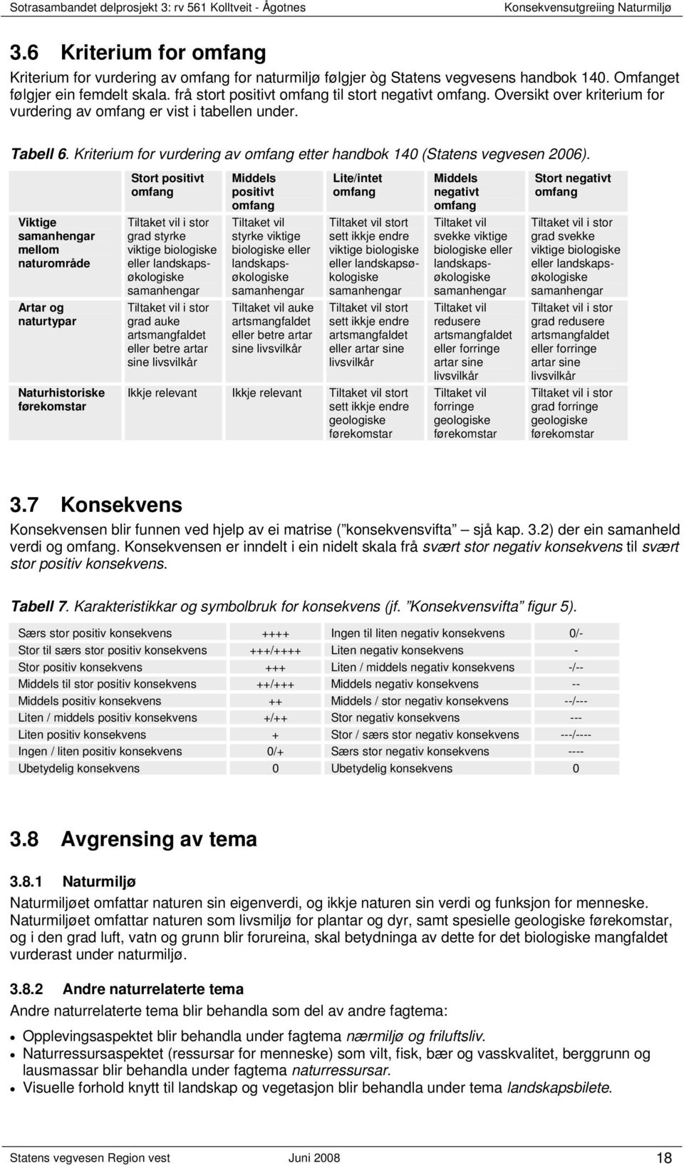 Kriterium for vurdering av omfang etter handbok 140 (Statens vegvesen 2006).