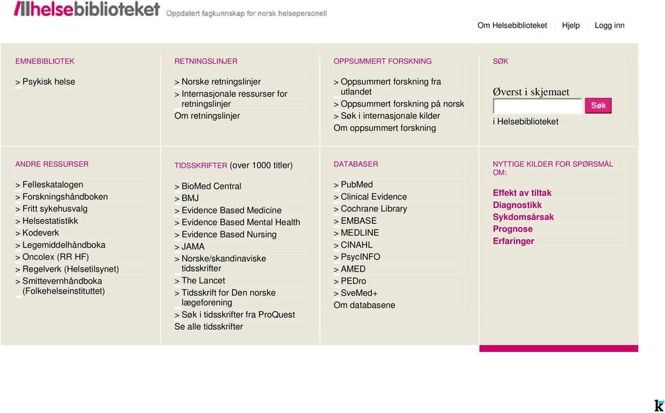 Forskningshåndboken > Fritt sykehusvalg > Helsestatistikk > Kodeverk > Legemiddelhåndboka > Oncolex (RR HF) > Regelverk (Helsetilsynet) > Smittevernhåndboka (Folkehelseinstituttet) TIDSSKRIFTER (over