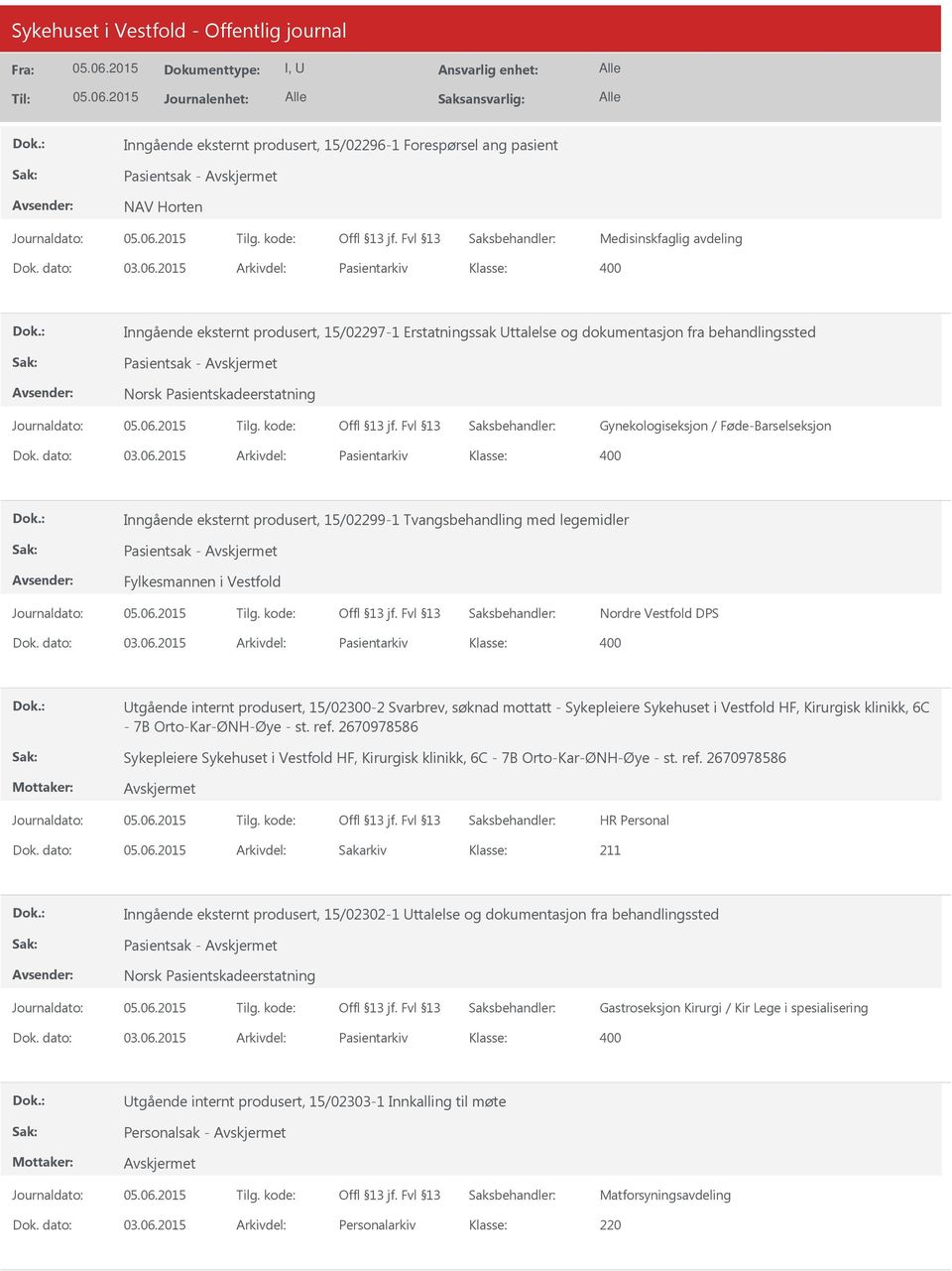 Føde-Barselseksjon Dok. dato: 03.06.2015 Arkivdel: Pasientarkiv Inngående eksternt produsert, 15/02299-1 Tvangsbehandling med legemidler Pasientsak - Fylkesmannen i Vestfold Nordre Vestfold DPS Dok.