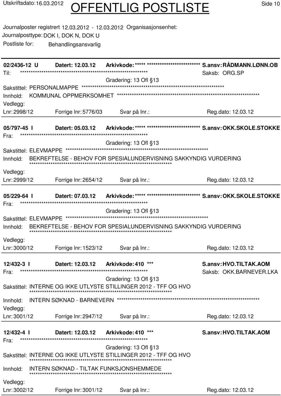 ansv: OKK.SKOLE.STOKKEU.MAT 13 Ofl 13 Sakstittel: ELEVMAPPE Innhold: BEKREFTELSE - BEHOV FOR SPESIALUNDERVISNING SAKKYNDIG VURDERING Lnr: 2999/12 Forrige lnr: 2654/12 Svar på lnr.: Reg.dato: 12.03.