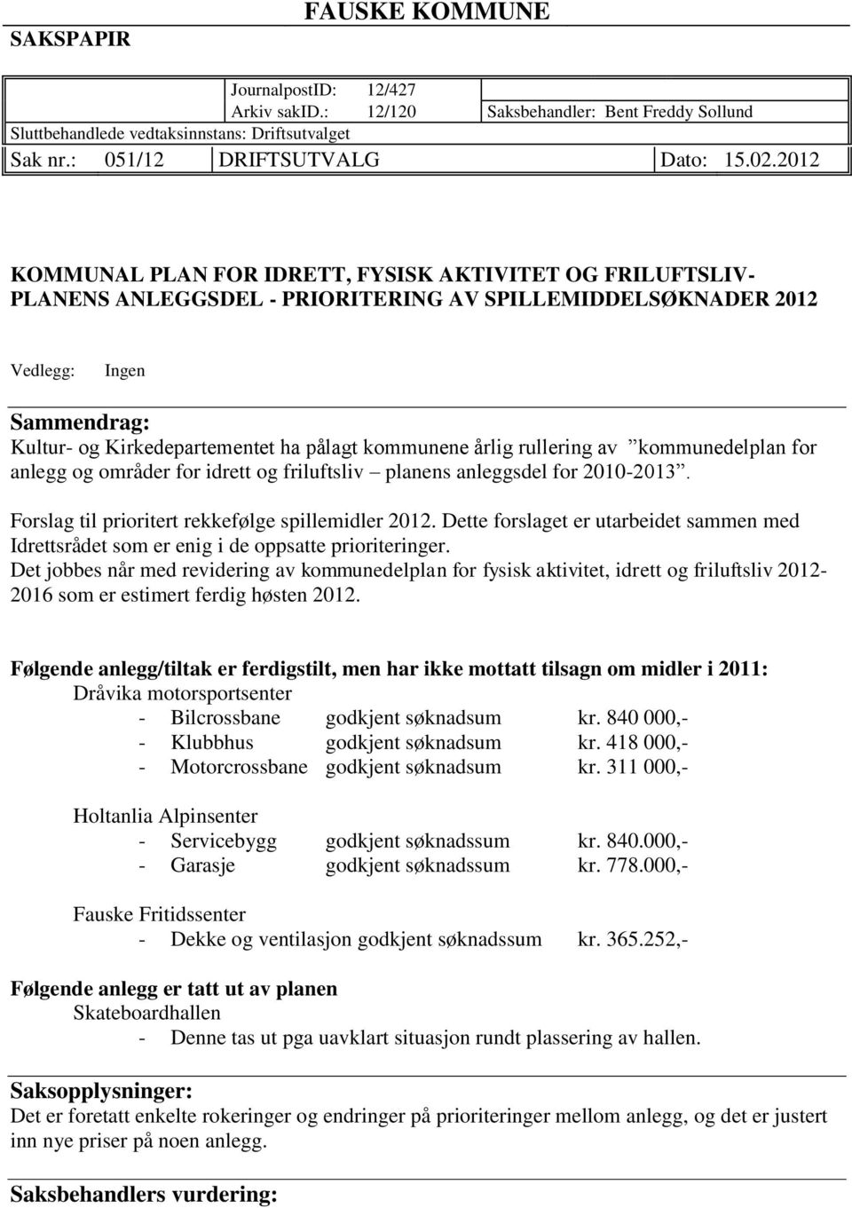 kommunene årlig rullering av kommunedelplan for anlegg og områder for idrett og friluftsliv planens anleggsdel for 2010-2013. Forslag til prioritert rekkefølge spillemidler 2012.