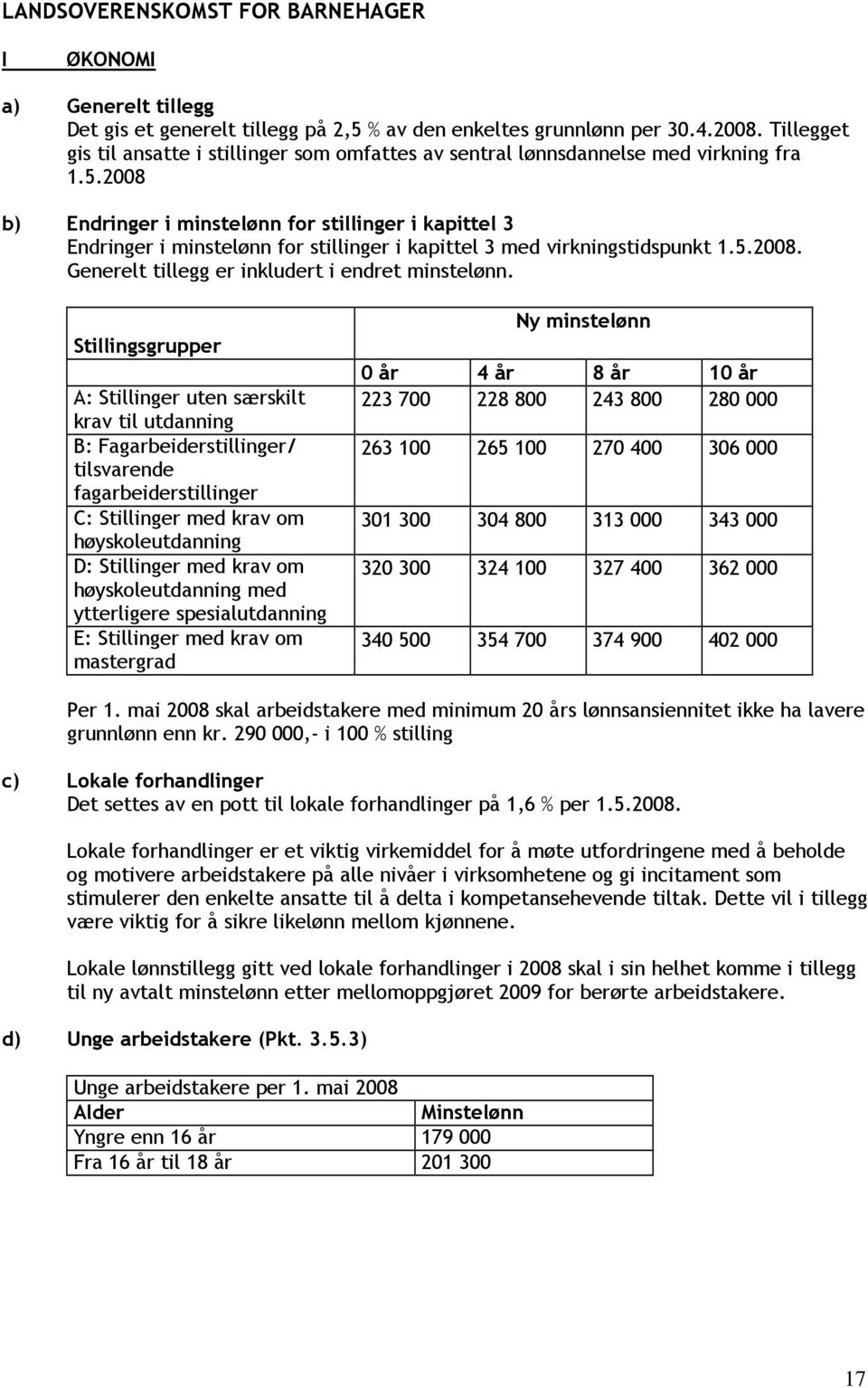 2008 b) Endringer i minstelønn for stillinger i kapittel 3 Endringer i minstelønn for stillinger i kapittel 3 med virkningstidspunkt 1.5.2008. Generelt tillegg er inkludert i endret minstelønn.