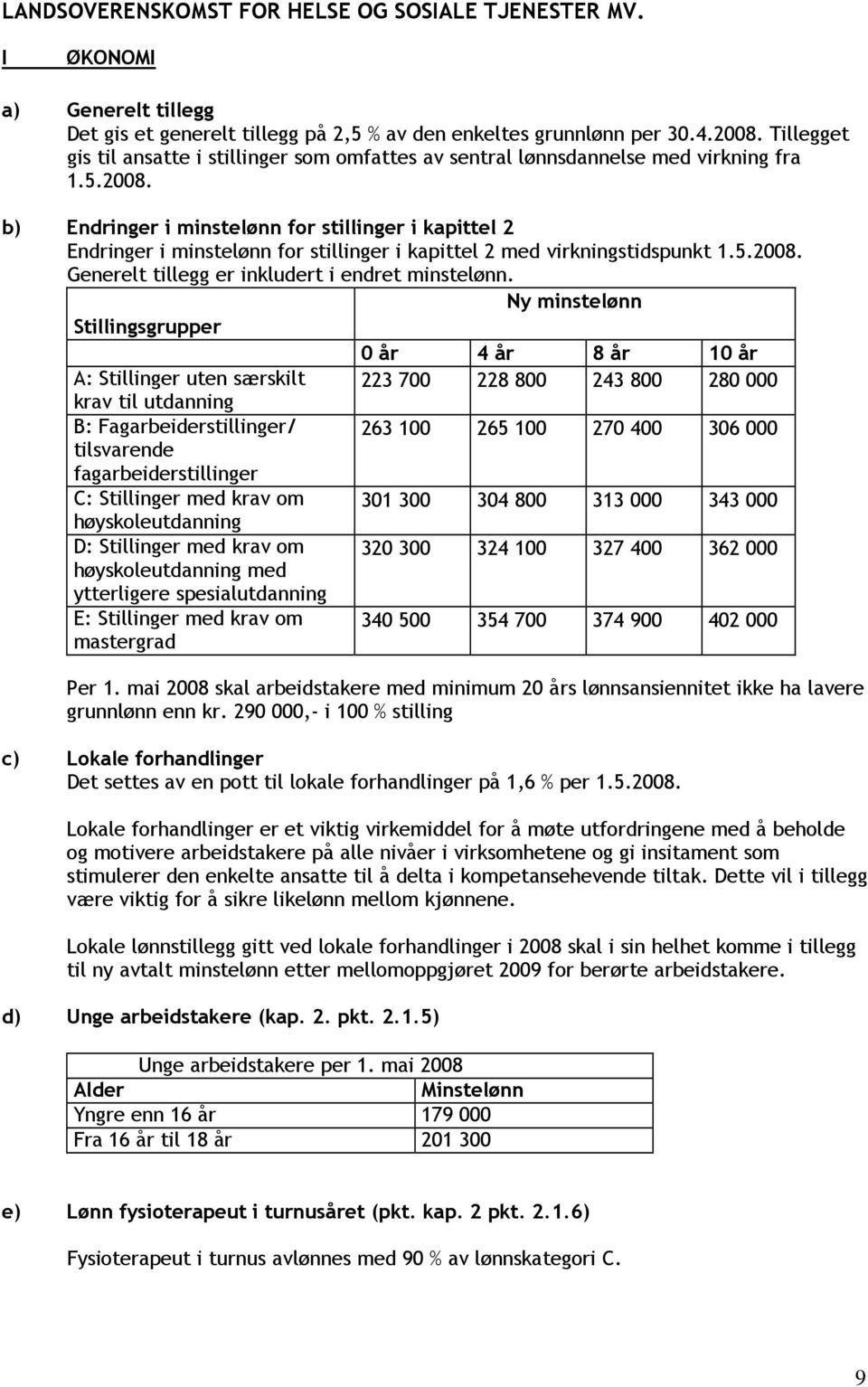 b) Endringer i minstelønn for stillinger i kapittel 2 Endringer i minstelønn for stillinger i kapittel 2 med virkningstidspunkt 1.5.2008. Generelt tillegg er inkludert i endret minstelønn.