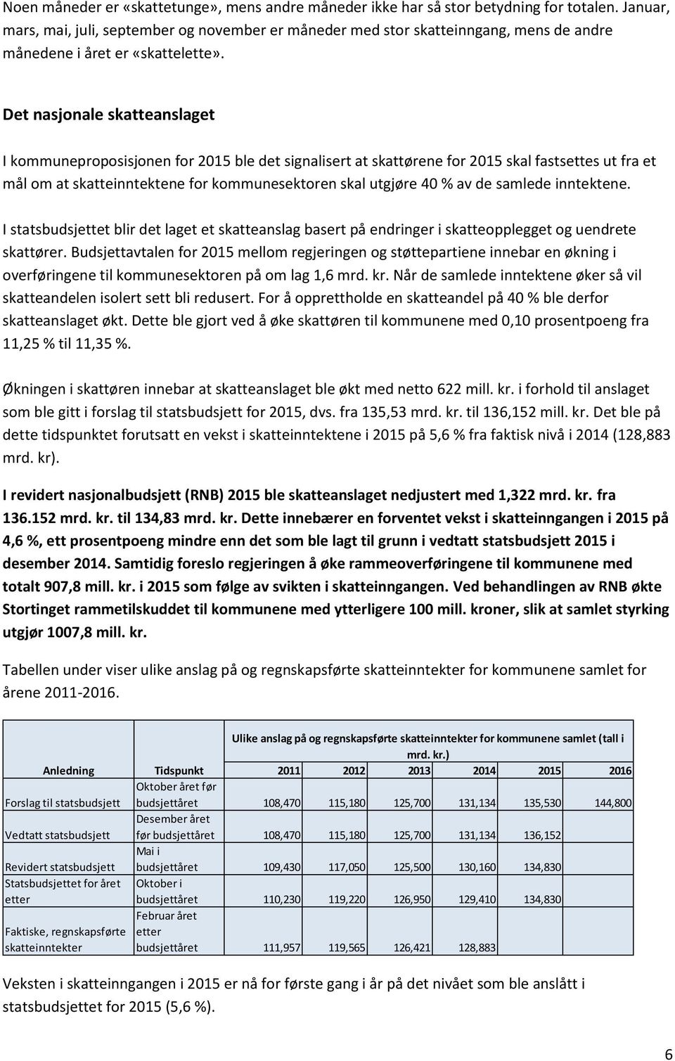 Det nasjonale skatteanslaget I kommuneproposisjonen for 2015 ble det signalisert at skattørene for 2015 skal fastsettes ut fra et mål om at skatteinntektene for kommunesektoren skal utgjøre 40 % av