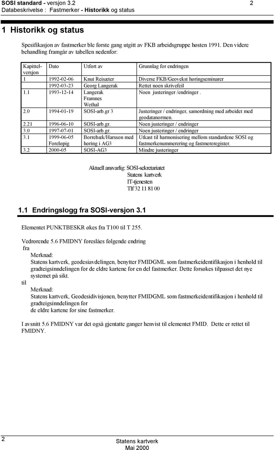 Rettet noen skrivefeil 1.1 1993-12-14 Langerak Noen justeringer /endringer. Framnes Wethal 2.0 1994-01-19 SSI-arb.gr 3 Justeringer / endringer, samordning med arbeidet med geodatanormen. 2.21 1996-06-10 SSI-arb.