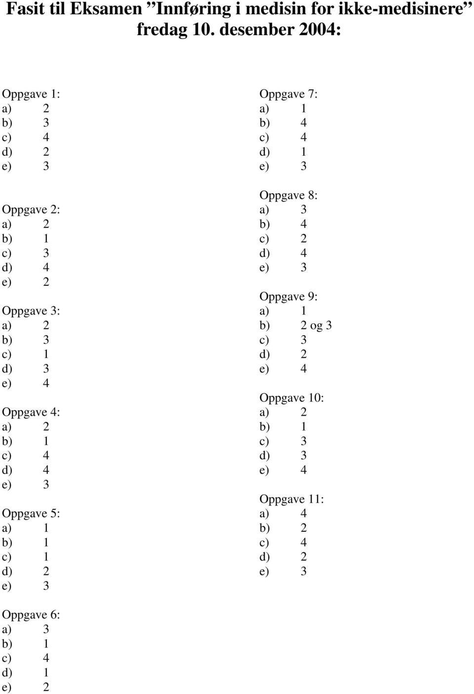 4 Oppgave 4: a) 2 b) 1 c) 4 d) 4 e) 3 Oppgave 5: a) 1 b) 1 c) 1 d) 2 e) 3 Oppgave 7: a) 1 b) 4 c) 4 d) 1 e) 3 Oppgave 8: